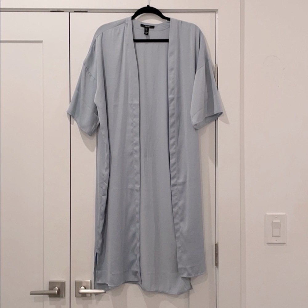 Trendy Light Blue Satin Kimono Duster Cover-Up
